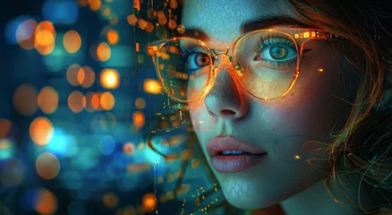 Deurstickers A thoughtful woman with piercing eyes and a warm smile, framed by the soft glow of light, wearing glasses that enhance her intelligent and captivating human face © Larisa AI