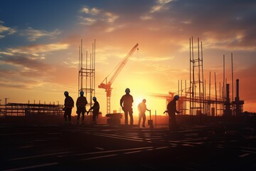 Fototapeta na wymiar Silhouette of engineers and construction crew working at site over pastel-colored sunset, blurred background. For an industrial background with light fair 