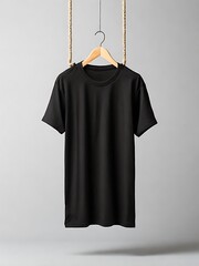 Naklejka premium Black t-shirt hanging on a hanger on a gray background