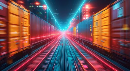 In the bustling city at night, a train races along the tracks, its red and blue lights illuminating the way with a sense of urgency and energy