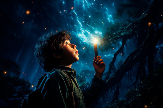A boy with a flashlight in his hand looks into the night, starry sky.