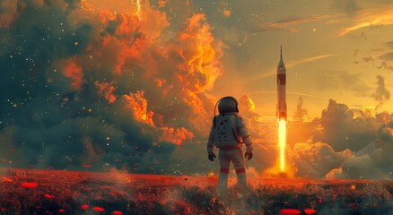 A brave astronaut stands in front of a fiery rocket, the heat and smoke billowing around them as they prepare for an explosive journey through the clouds and into the unknown, reminiscent of a heroic - obrazy, fototapety, plakaty