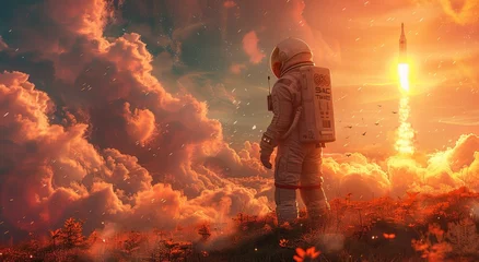 Foto op Plexiglas A brave astronaut battles the fiery aftermath of an explosion in a smoky field of clouds, facing intense heat as they work to extinguish the flames and save the outdoor landscape © Larisa AI