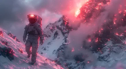 Foto auf Alu-Dibond A lone astronaut treks through the treacherous snowy peaks, their anime-like suit blending into the outdoor landscape as they brave the unforgiving elements of a volcanic mountain © Larisa AI