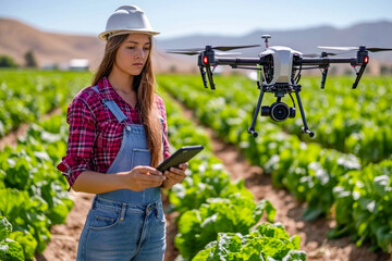 High-Tech Farming. A Farmer Pilots a Drone to Survey Crops at Sunset