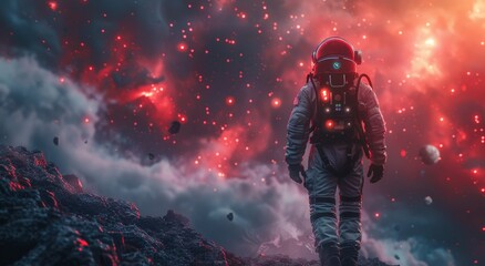 Fototapeta premium A lone astronaut braves the unknown, surrounded by a swirling storm of crimson hues, as they journey through the vast expanse of outer space