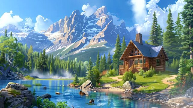 A cozy log cabin tucked away in the Canadian Rockies, surrounded by dense pine forests. Fantasy landscape anime or cartoon style, seamless looping 4k time-lapse virtual video animation background