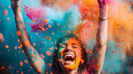 Fun with colours: A vibrant splash of colors and a young woman celebrating holi festival outdoors - obrazy, fototapety, plakaty