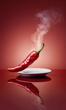 A single red chili lies on a white plate, its intense heat seemingly captured by the rising smoke against a warm backdrop.