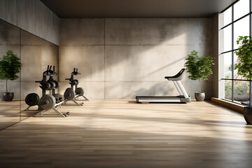 Modern gym interior with rows of treadmills. 3d rendering