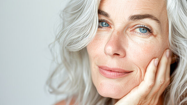 Mature woman with silver hair posing thoughtfully, showcasing natural beauty and confidence.