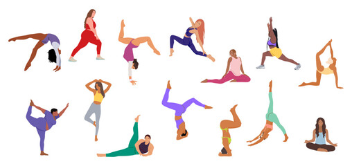 Set of different sportive young women doing yoga, fitness exercises. Healthy lifestyle. Collection of female flat vector characters demonstrating various yoga positions on transparent background.