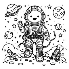 Vector hand drawn cute cartoon astronaut and plaent line sketch for coloring book