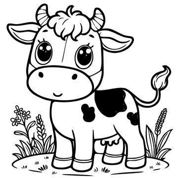 Vector hand drawn cute cartoon cow line sketch for  printable coloring book