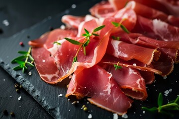 Thinly sliced jamon slices on a dark background with copyspace for your text, gourmet food
