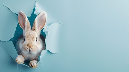 Bunny peeking out of a hole in blue wall, fluffy eared bunny easter bunny banner, rabbit jump out torn hole - obrazy, fototapety, plakaty