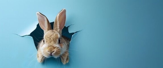Bunny peeking out of a hole in blue wall, fluffy eared bunny easter bunny banner, rabbit jump out torn hole