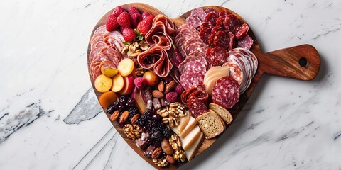 Heart-shaped charcuterie board filled with assorted meats, fruits and nuts for Valentine's day party, Generative AI
