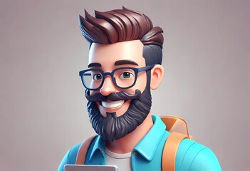 A  3D icon avatar cartoon hipster character, stylish smiling man with beard with tablet, cartoon close up portrait on isolated on transparent background. - obrazy, fototapety, plakaty