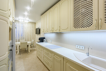interior kitchen and dining room, refectory area, cooking equipment, table furniture, stove