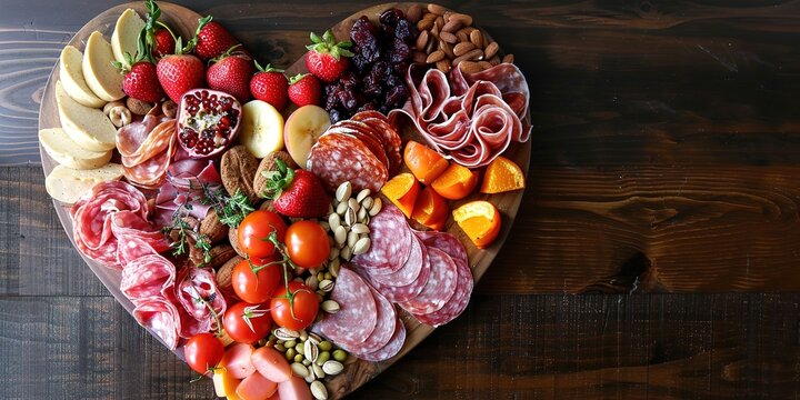 Heart-shaped charcuterie board filled with assorted meats, fruits and nuts for Valentine's day party, Generative AI