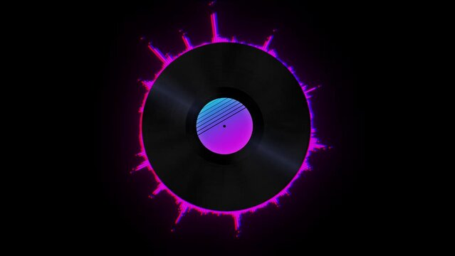 Rotating vinyl record on black background. Old technology. Retro design. Animation of music record. Synthwave, vaporwave, retrowave music lp vinyl disc. Audio Spectrum Dancing, Sound Wave design