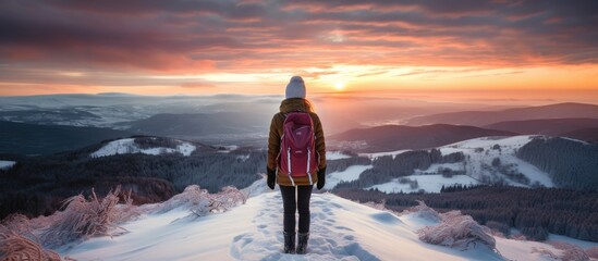 The traveler girl hikes snowy mountains in Bieszczady at sunset, with a winter sunset viewed from the peak of Wielka Rawka. © Sona