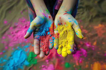child hands holding colorful holi colors for celebration of holi festival