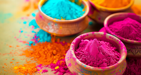 colorful holi color powders in golden pots for hindu traditional festival celebration