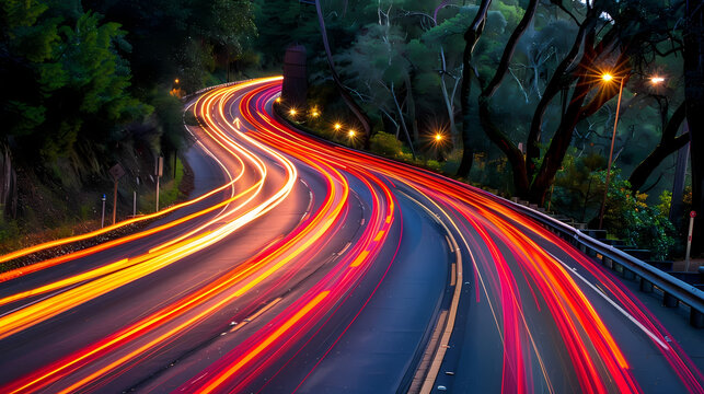 Twilight Traffic Trails on Winding Forest Road