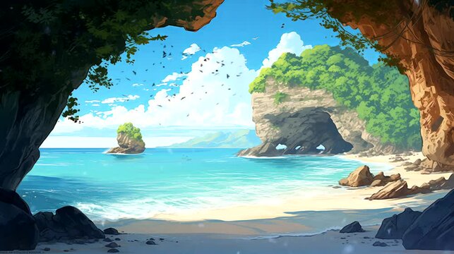 A secluded beach cove on coast, framed by limestone cliffs and turquoise waters. Fantasy landscape anime or cartoon style, seamless looping 4k time-lapse virtual video animation background