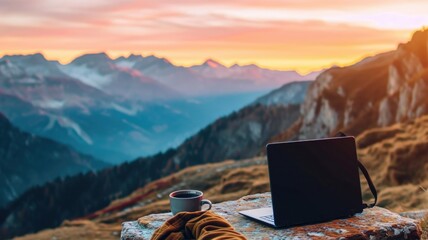 Remote Work Setup with Laptop and Tea Overlooking Majestic Mountain Valley - obrazy, fototapety, plakaty
