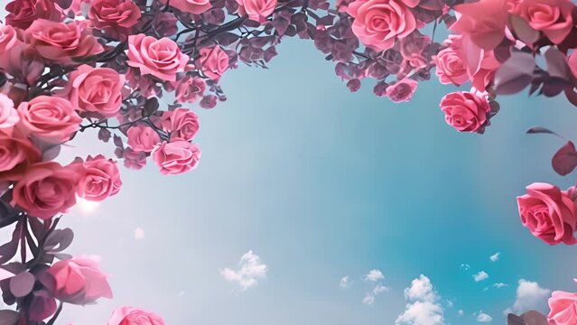 Pink rose flowers on a edge beautiful rose bush in flowers garden at the morning with clear blue sky background in summertime frame 4k video