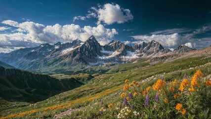 Alpine meadow with flowers and snowcapped mountains in background - obrazy, fototapety, plakaty