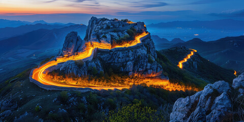 Fiery Path on Mountain Slope. Mountain peak illuminated by a trail, copy space. Creative concept of the right road to success.