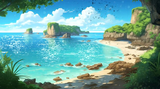 A secluded beach cove on coast, framed by limestone cliffs and turquoise waters. Fantasy landscape anime or cartoon style, seamless looping 4k time-lapse virtual video animation background
