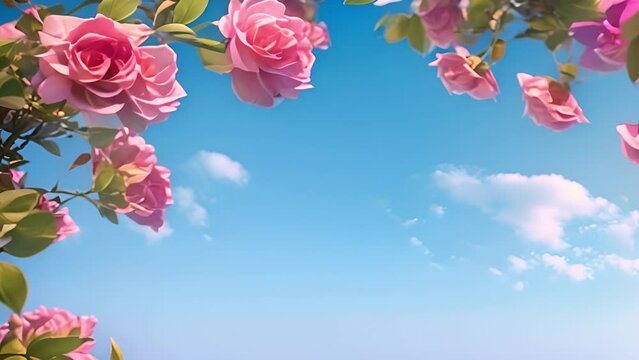 Pink rose flowers on a edge beautiful rose bush in flowers garden at the morning with clear blue sky background in summertime frame 4k video