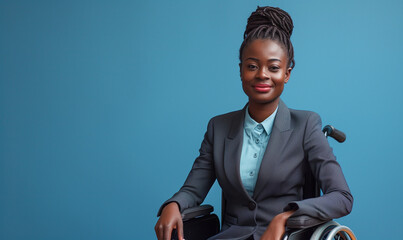 Inclusive image of a disabled corporate black African American businesswoman in wheelchair, blue background. AI generated