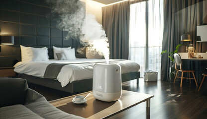 air humidifier on the table in a modern bright bedroom close-up. indoor climate