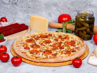 beautiful tasty pizza on a gray background