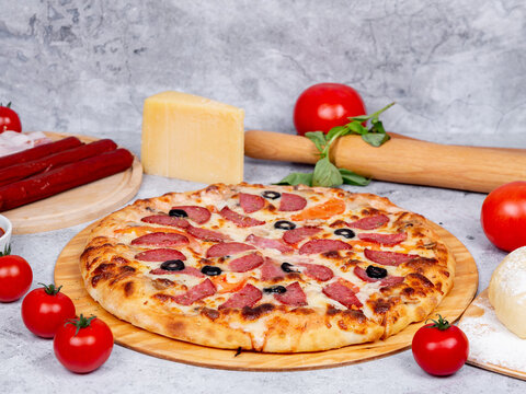 beautiful tasty pizza on a gray background