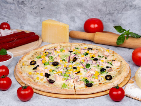 beautiful tasty pizza on a gray background