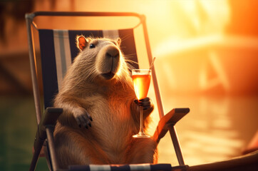 capybara lounges in a chair, exuding ultimate relaxation vibes - obrazy, fototapety, plakaty