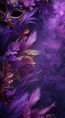 Background on the theme of the Mardi Gras holiday. Purple color palette Feathers Masks
