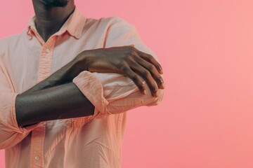 Black man touching his forearm with hand on pink background - obrazy, fototapety, plakaty