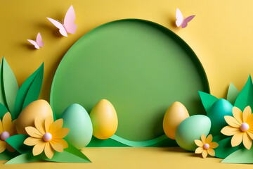 Paper cut style easter background with colorful flowers and Easter eggs in soft sunshine yellow and spring green colors.