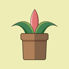 Flower growing on pot illustration. Flower on pot flat design with red and green color.