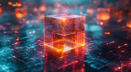 A mesmerizing cube emanating a harmonious blend of fiery red and tranquil blue lights, evoking a sense of wonder and intrigue