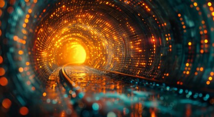 Amber lights guide the train through the dark tunnel, illuminating the path ahead on a quiet night journey - obrazy, fototapety, plakaty