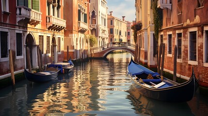 Fototapeta na wymiar Venice, Italy. Panoramic view of canal with gondolas